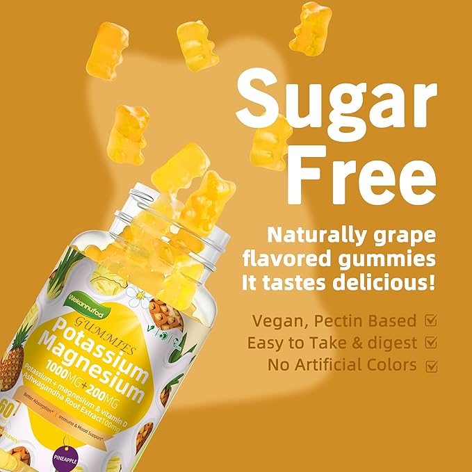 Potassium Magnesium GummiesHigh Absorption Magnesium GlycinateB6D3Potassium Citrate for Leg CrampsMuscleElectroyte for Adults KidsSugar-Free 120 Gummies (Pineapple)