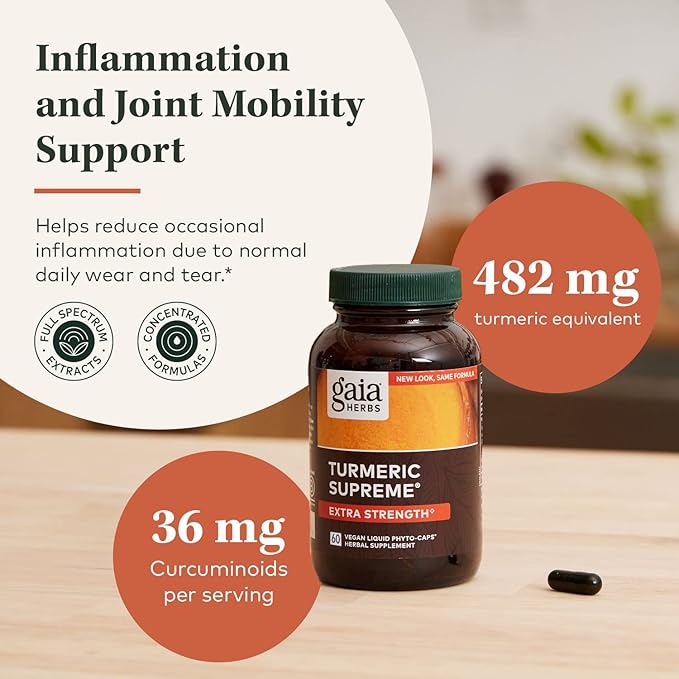 Gaia Herbs Turmeric Supreme Extra Strength - 60 Vegan Liquid Phyto-Capsules &amp Reishi Mushroom - Immune System &amp Supports Heart Health - 40 Vegan Liquid Phyto-Capsules (2 Pack)
