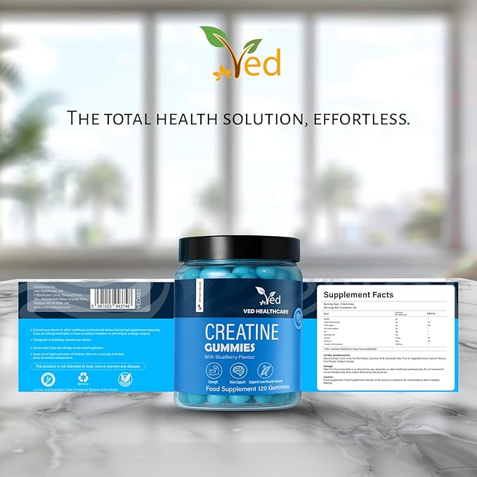 Ved Creatine Gummies 1000 mg – 120 Count Max Strength Muscle Growth &amp Recovery Supplement for Men &amp Women Vegan Creatine Monohydrate with Vitamin C Pre Workout Chewable 2 Months Supply.