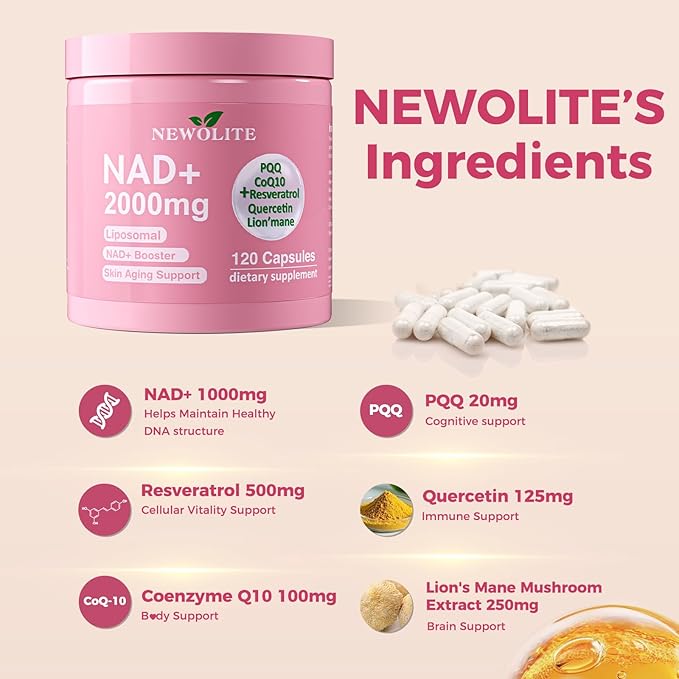 NAD+ Supplement Capsules 120 Count Bottle | 2-Capsule ServingNAD+ Resveratrol CoQ10 PQQ Quercetine Lion’s Mane &amp Black Pepper Extract (NoneA)