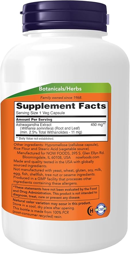 NOW Foods Ashwagandha Extract 450 mg Vegan Kosher Non-GMO - 240 Veg Capsules (Pack of 2)