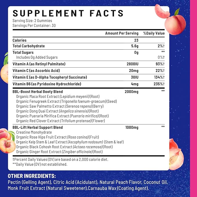Booty Gummies for Women - BBL Gummies with Multivitamins and Herbal Extracts - Peach Flavor - 60 Count
