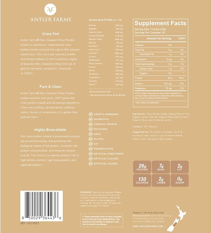 Antler Farms - 100% Grass Fed New Zealand Whey Protein Isolate Peanut Butter Chocolate Flavor 2 lbs - Pure and Clean 7 Ingredients Cold Processed