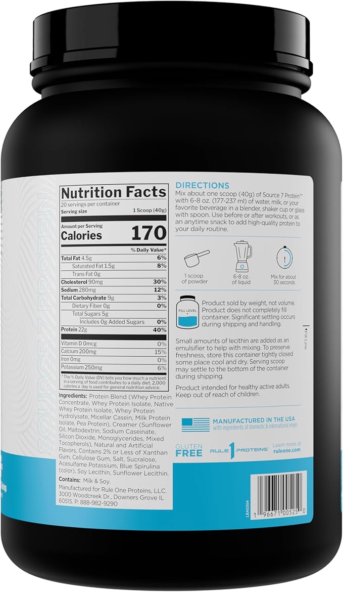 Rule 1 Source 7 Protein – Decadent Flavor Velvety Smooth Texture 22g Anytime Protein and 10g Naturally Occurring EAAs Per Serving from 7 Premium Sources (1.8 Pounds* Birthday Cake)