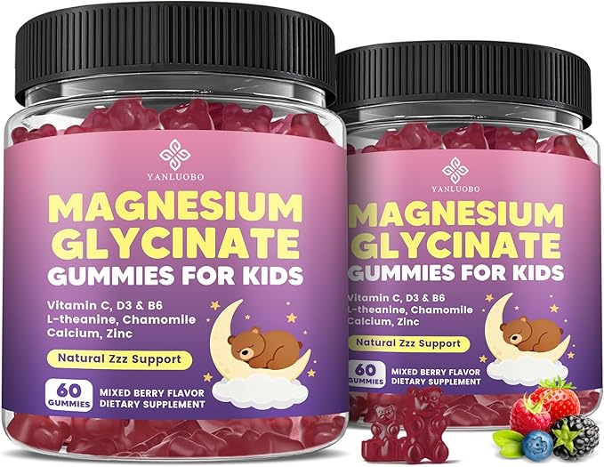 Kids Magnesium Gummies - Magnesium Glycinate Gummies 400mg/200mg with L-Theanine Chamomile Vitamin B6 D3 for Kids Relaxation &amp Zzz Support Nerve Bone - Sugar Free Mixed Berry Flavor 120ct