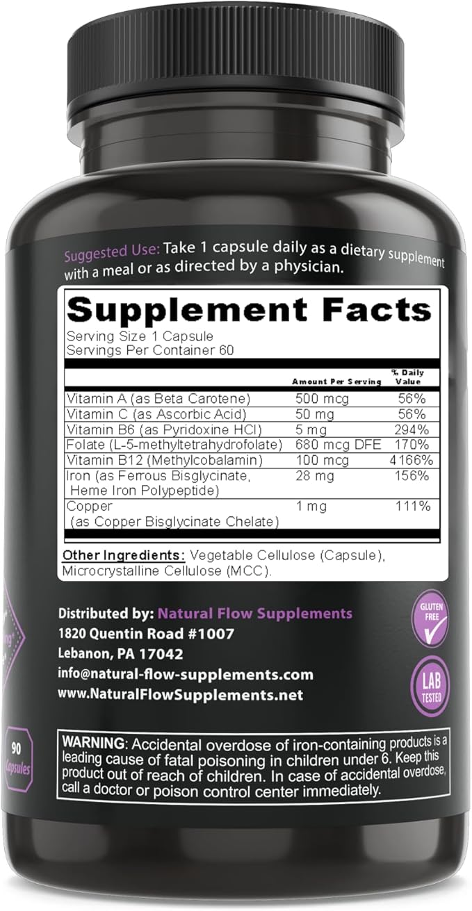 Iron Supplement 2-in-1 Complete Complex - Natural Flow 2X Heme and Chelated Non Heme Iron Bisglycinate Folate B and Vitamin C for Anemia and Blood Building Support Gentle on Stomach 60 Caps (60)