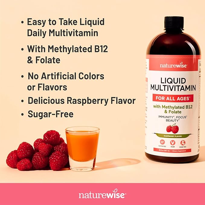NatureWise Liquid Multivitamin for Women Men of All Ages - Sugar Free Vegan - Vitamins for Energy Levels Beauty Immune Health with Methylated B12 &amp Folate - Non-GMO - 30 fl oz(887 mL)