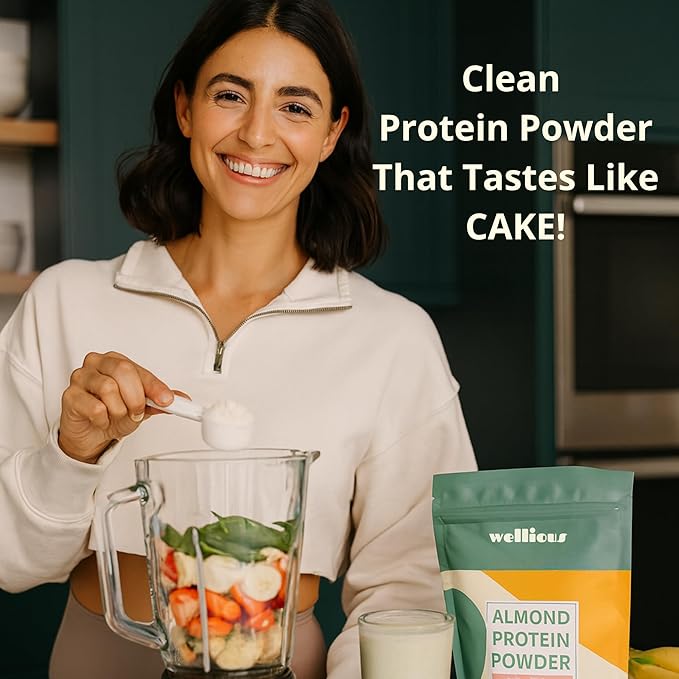 wellious Almond Protein Powder Bundle (1 Vanilla &amp 1 Unflavored) - 18 Grams of Pure Healthiest Vegan Protein - Gluten-Free Soy-Free Gut Friendly Protein Powder for Sports Nutrition