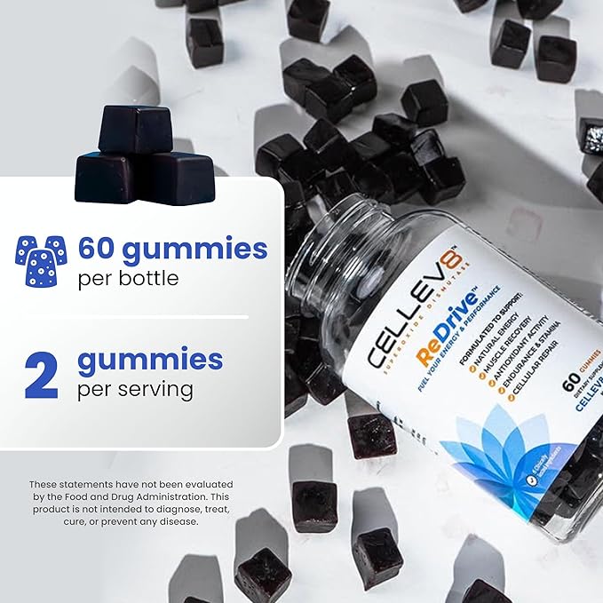 Cellev8 ReDrive Performance Gummies - 60 Count - Antioxidant Cellular Muscle Recovery Endurance Stamina Daily Energy Supplements for Men &amp Women with SOD Vitamin D3 - Raspberry Flavor