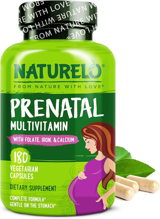 NATURELO Prenatal Multivitamin with Gentle Chelated Iron Methyl Folate Plant Calcium &amp Choline - Vegan Vegetarian - Non-GMO - Gluten Free - 180 Capsules - 2 Month Supply