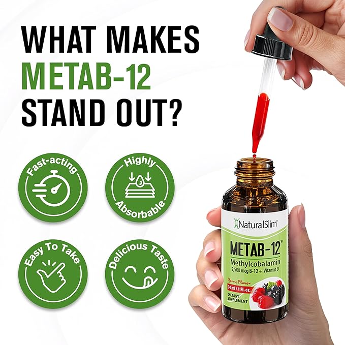 NaturalSlim Liquid B12 Vitamins with Vitamin D - Metab-12 Methylcobalamin 2500 mcg B12 Sublingual Drops for Metabolism Energy &amp Immune Support - Berry Flavor 1 fl oz