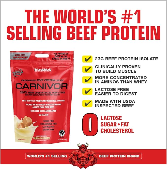MuscleMeds Carnivor Beef Protein Isolate 0 Lactose 0 Sugar 0 Fat 0 Cholesterol Halal Certified Vanilla Caramel 7 Lb 100 Servings