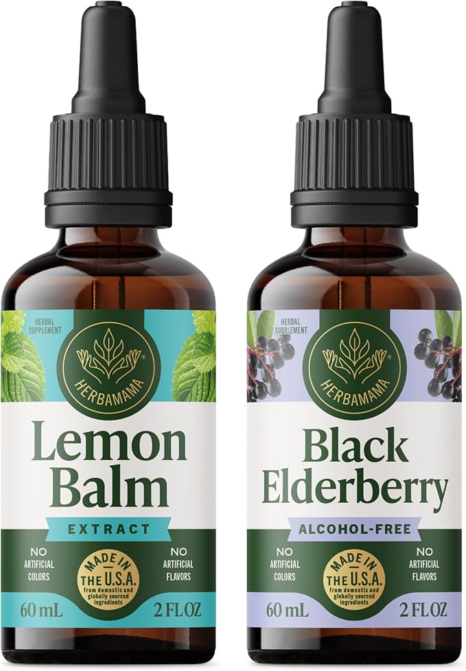 HERBAMAMA Lemon Balm and Black Elderberry Kit - Bundle of Lemon Balm Extract 2 Fl Oz &amp Black Elderberry Drops 2 Fl Oz - Vegan Non-GMO Alcohol &amp Sugar-Free - 2 Pack