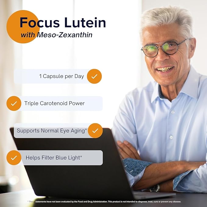 Focus Lutein for Eyes with Meso-Zeaxanthin Eye Vitamin Supplement 120 Count 120 Day Supply Daily Vision Support for Digital Screens Bright Lights Sunlight Vegan and Sugar-Free Made in USA