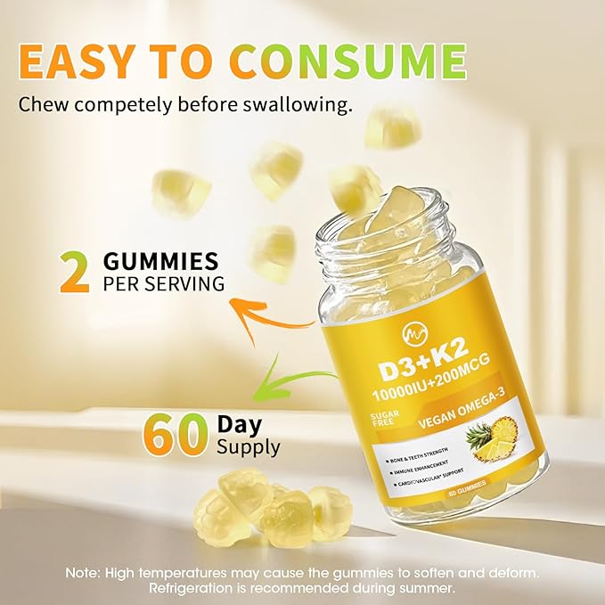M inch Vitamin D3 K2 Gummies Vitamin D3 10000IU K2 (MK-7) 200mcg 6-in-1 Vitamina D3 con K2 Supplement with Omega-3 for Women and Men - Bones Teeth &amp Immune Support Sugar Free 2 Pack