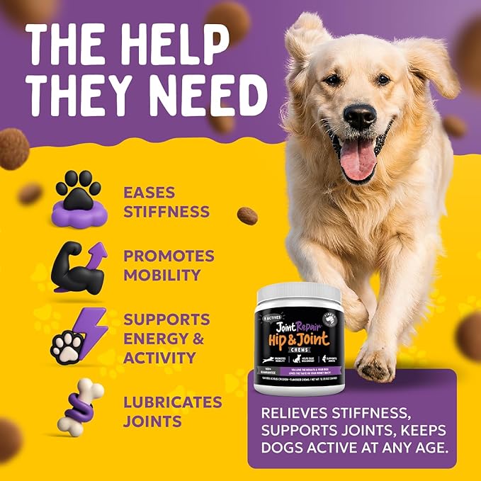 Joint Repair Dog Joint Supplement with Glucosamine for Dogs Chondroitin Omega 3 MSM Hemp &amp Turmeric. Supports Hip &amp Joint Health Mobility &amp New Cartilage. 120 Chicken Flavor Chews Ma