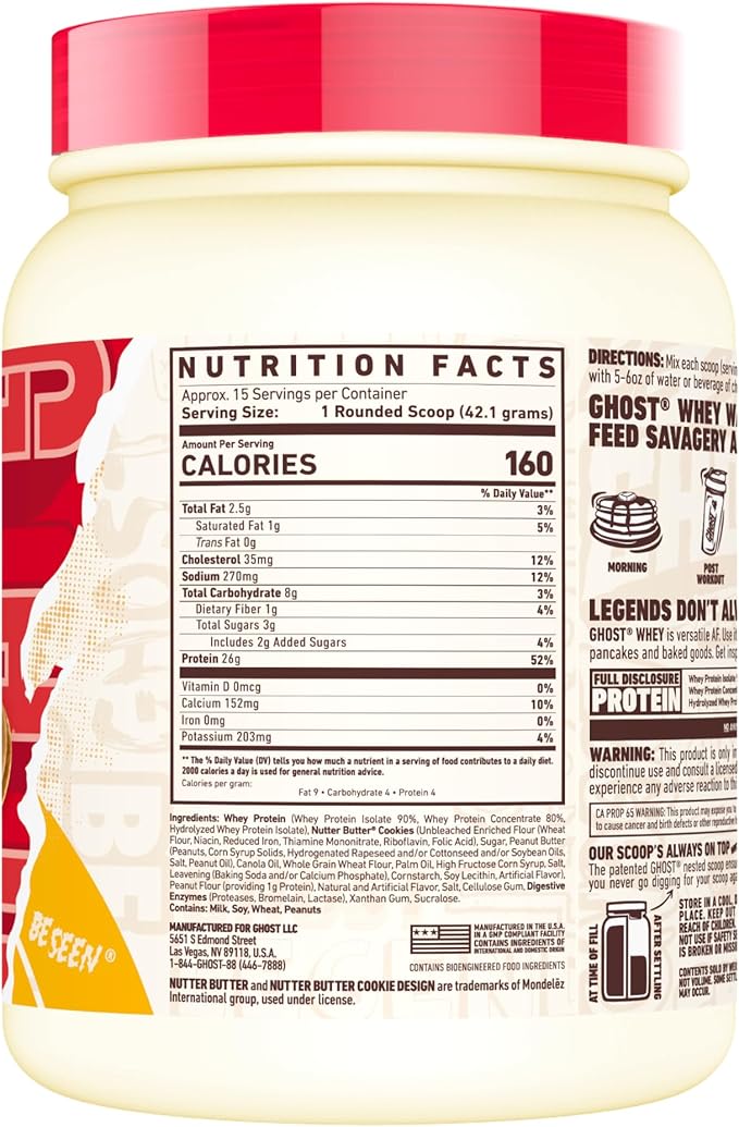 GHOST Whey Protein Powder Nutter Butter - 1LB Tub 26G of Protein - Flavored Isolate Concentrate &amp Hydrolyzed Whey Protein Blend - Post Workout Shakes