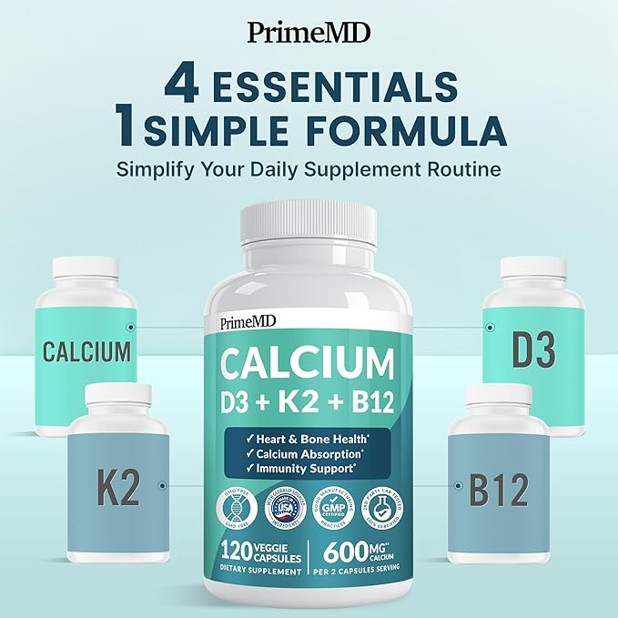 4-in-1 Calcium Supplements for Women and Men - Calcium with Vitamin D3 K2 5000 IU Supplement 600mg per Serving - Gluten-Free Vegan-Friendly (120 ct)