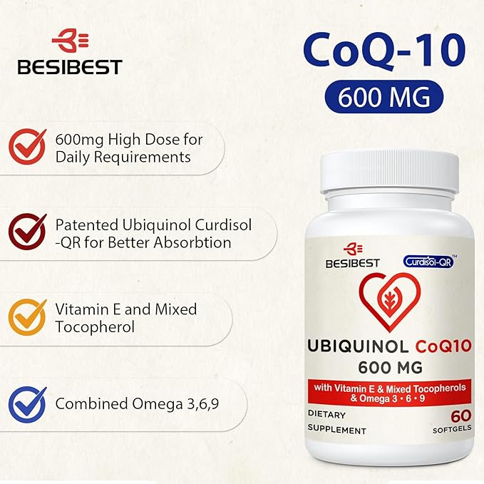 Ubiquinol CoQ10-600mg-Softgel Active Coq10 Ubiquinol Supplement with Vitamin E &amp Omega 3 6 9 High Absorption-Coenzyme-Q10 Powerful Antioxidant for Energy Production Tested 180 Count
