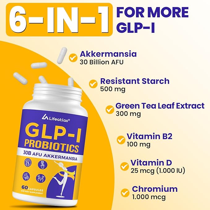 Lifeatlas GLP-I Supplement Probiotic | GLP-I with 30 Billion AFU Akkermansia Probiotic Akkermansia Probiotics for Women and Men Daily GLP-I Supplement 1 Pack - 60 Count