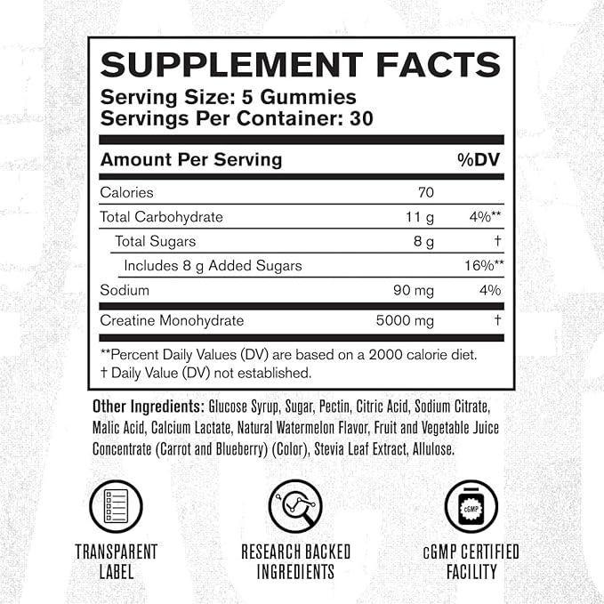 Jacked Factory Creatine Monohydrate Gummies 5g Daily Dose (1g per Gummy) - Creatine Gummy for Men and Women Vegan-Friendly Travel-Friendly Third-Party Tested - 150 Gummies Watermelon &amp Lemon