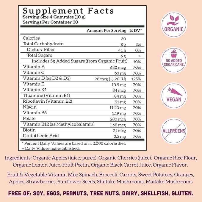 Llama Naturals Men and Women Vegan Organic Gummies with Vitamin D C and K Real Fruit Gummy Vitamins Chewable Multivitamin Supplement No Added Sugar Cane Cherry 120 Ct