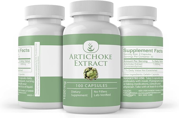 PURE ORIGINAL INGREDIENTS Artichoke Extract Milk Thistle &amp Dandelion Root Capsule Bundle (100 Capsules Each) No Additives or Fillers Lab Verified