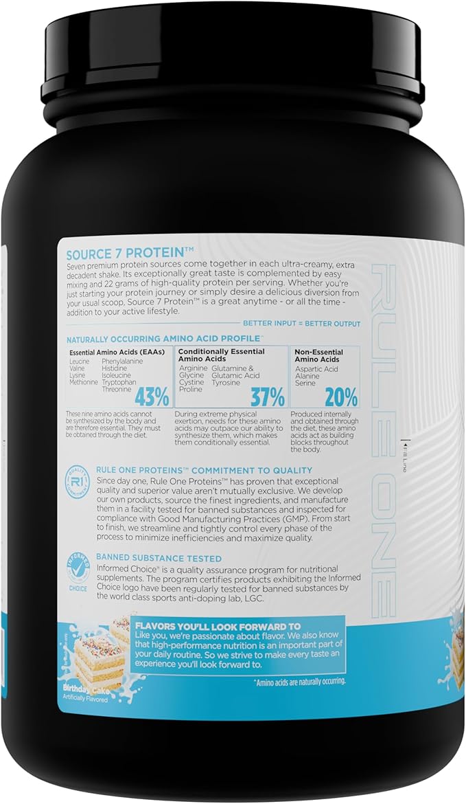 Rule 1 Source 7 Protein – Decadent Flavor Velvety Smooth Texture 22g Anytime Protein and 10g Naturally Occurring EAAs Per Serving from 7 Premium Sources (1.8 Pounds* Birthday Cake)