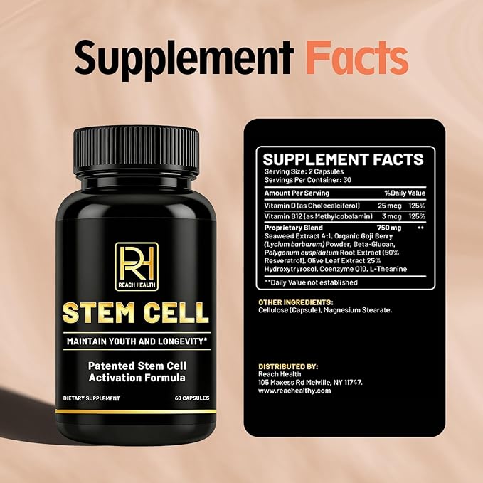 Stem Cell Activation Formula 60 Capsules with Vitamin D and B12 Youth and Longevity Support Maintain Youth and Longevity Patented StemCell Activation Fomula (2 Bottle (120 softgels))