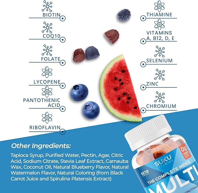 SUKU Men's Daily Multivitamin Gummies – Vitamins A B12 C D3 E Zinc CoQ10 &amp Lycopene – Prostate Heart &amp Immune Support – Sugar-Free Vegan Mixed Fruit Fusion – 60 Count