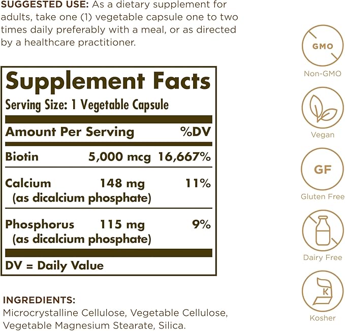Solgar Biotin 5000 mcg - 50 Vegetable Capsules Pack of 2 - Supports Healthy Skin Nails &amp Hair - Non-GMO Vegan Gluten Free Dairy Free Kosher - 100 Total Servings