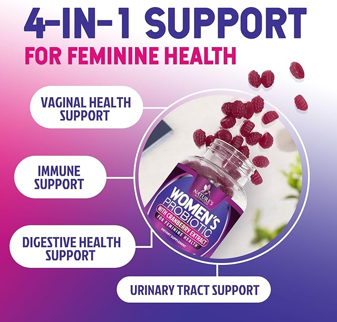 Nature's Nutrition Probiotics for Women Gummies with Cranberry - 6 Premium Strains for PH Balance Digestive Health Vaginal &amp Immune Support Women's Probiotic Gummy for Feminine Health - 120 Gum