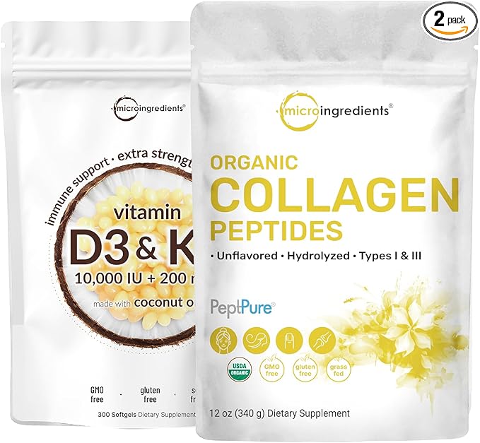 Micro Ingredients Vitamin D3 10000 iu + K2 200 mcg Coconut Oil Softgels &amp Organic Collagen Peptides Powder Bundle 2 Pack | Essential Sunshine Vitamins | Hydrolyzed Type I &amp III Bovine Collagen