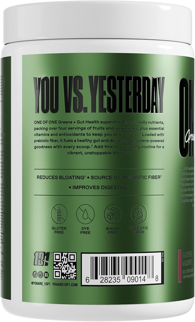 ONE of ONE Greens &amp Gut Health – Superfood Greens Powder with Prebiotics Probiotics &amp Digestive Enzymes for Gut Health Immunity &amp Energy No Artificial Sweeteners - Mixed Berry 30 Servi
