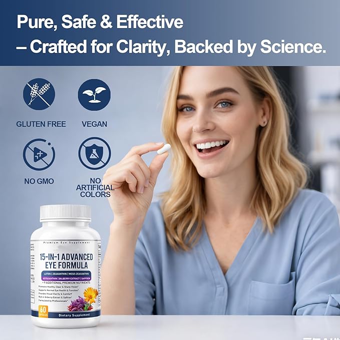 15 in 1 Advanced Eye Formula – Eye Vitamin and Mineral Supplement with Lutein Zeaxanthin Zinc &amp Bilberry Extract – Vision &amp Focus Support Reduces Dryness60Capsules (2 PC)