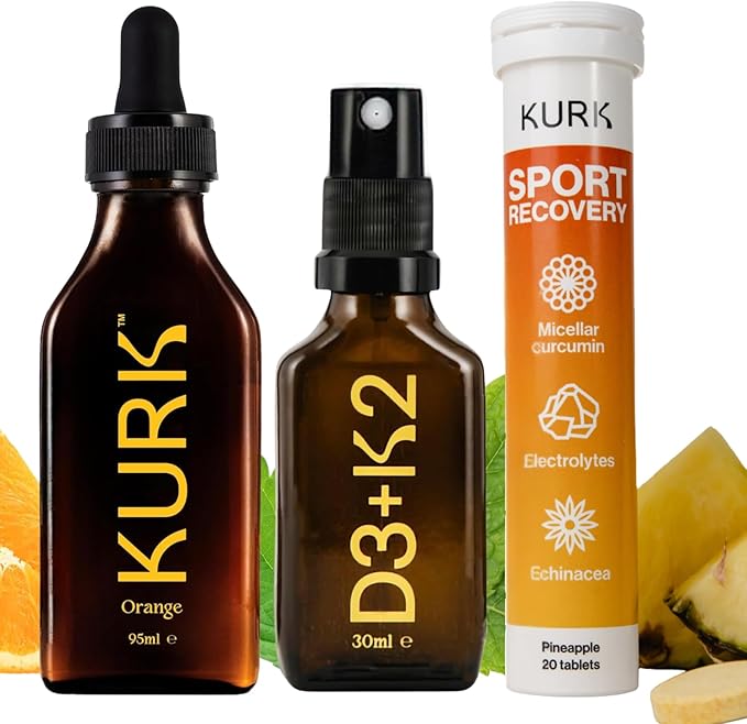Vitamin D3 K2 Oral Spray Sport Electrolyte Tablets (Pineapple 20 Tabs) and High Strength Liquid Curcumin Oil from Turmeric (Orange 3.2 Fl Oz)