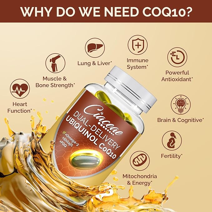 Ubiquinol CoQ10 600 MG Softgels with Omega-3 &amp Shilajit &amp PQQ Advanced Dual-Delivery Coenzyme-Q10 Active CoQ10 Ubiquinol Supplement for Fertility Antioxidant Heart Brain &amp Energy 180