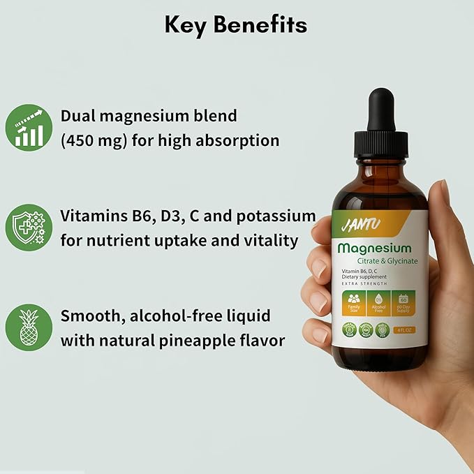 JANTU High‑Absorption Liquid Magnesium Citrate &amp Glycinate with Vitamins B6 D3 C &amp Potassium – Alcohol‑Free Glycerin‑Based Vegan 60‑Day Supply – 4 oz