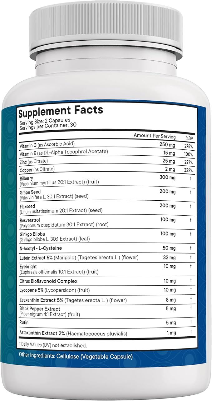 NEW AGE Eye Health Vitamins with Bilberry Lutein &amp Zeaxanthin Lycopene Resveratrol Grape Seed Extract Astaxanthin - Eye Vitamin - 180 Count