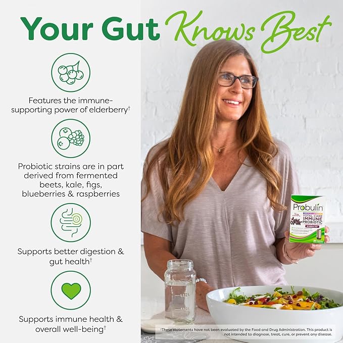 Probulin Total Care Immune = Prebiotics + Probiotics + Postbiotics + Elderberry to Support Immune &amp Gut Health - 20 Billion CFU - 10 Probiotic Strains 30 Vegan Capsules
