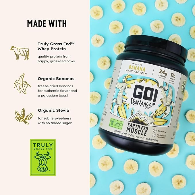 Earth Fed Muscle Go! Bananas Irish Grass‑Fed Whey Protein Isolate – All Natural Banana Flavor Zero Added Sugar Soy‑Free Gluten‑Free (2lb 27 Servings Banana)