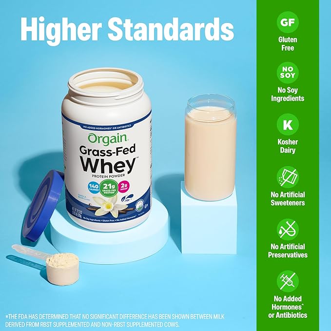 Orgain Whey Protein Powder Vanilla Bean 21g Grass Fed Dairy Protein 5g BCAAs 3g Prebiotic Fiber 2g Sugar No Added Hormones Gluten Free Kosher for Shakes &amp Smoothies 1.82 lb