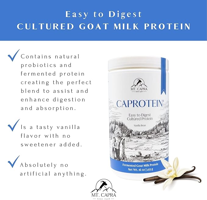 Mt. Capra Caprotein | Casein Protein Concentrate Fermented Goat Milk Protein from Grass-Fed Pastured Goats Extremely Easy to Digest | Vanilla Bean | 23 Servings - 16 oz