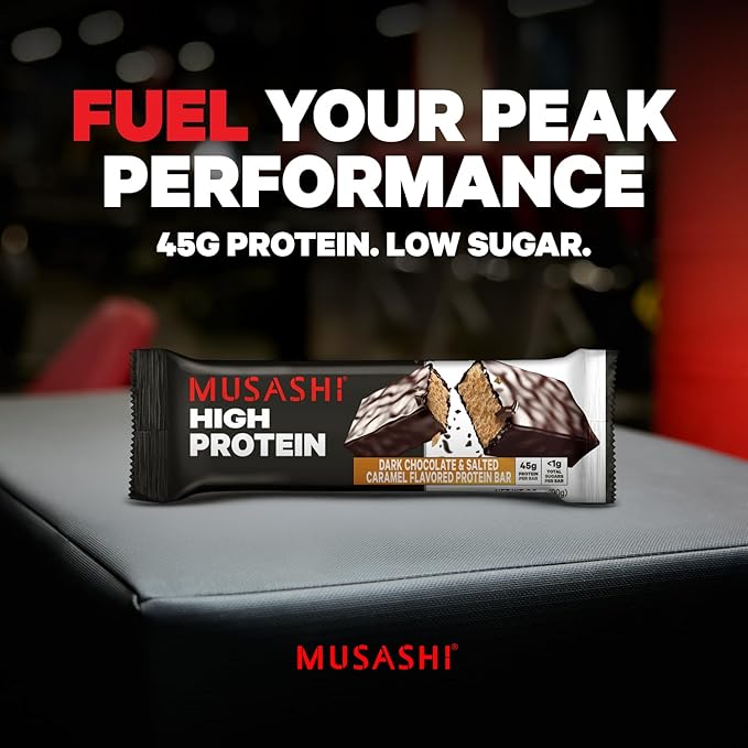 MUSASHI High Protein Bar 45g Protein &lt1g Total Sugars Dark Chocolate &amp Salted Caramel Post Workout and Protein Snack On The Go 12 Pack of 3.2oz (90g) Bars