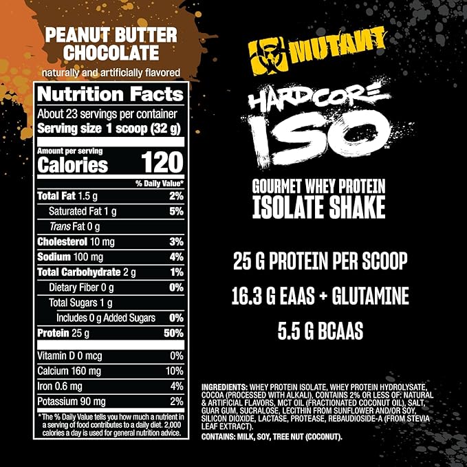 Mutant Harcore ISO Whey Protein Isolate Powder Acts Fast to Help Recover Build Muscle Bulk and Strength 1.6 lb (Peanut Butter Chocolate)