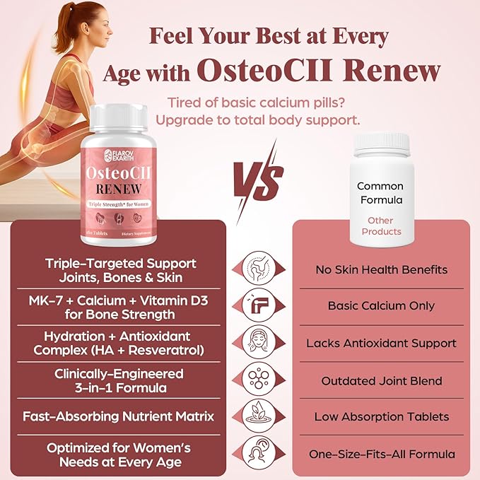 Joint Supplements for Women OsteoCII Renew Triple Strength – Advanced Joint Bone &amp Skin Formula – Collagen Glucosamine Chondroitin Calcium MK-7 Vitamin D3 Hyaluronic Acid 180 Tablets