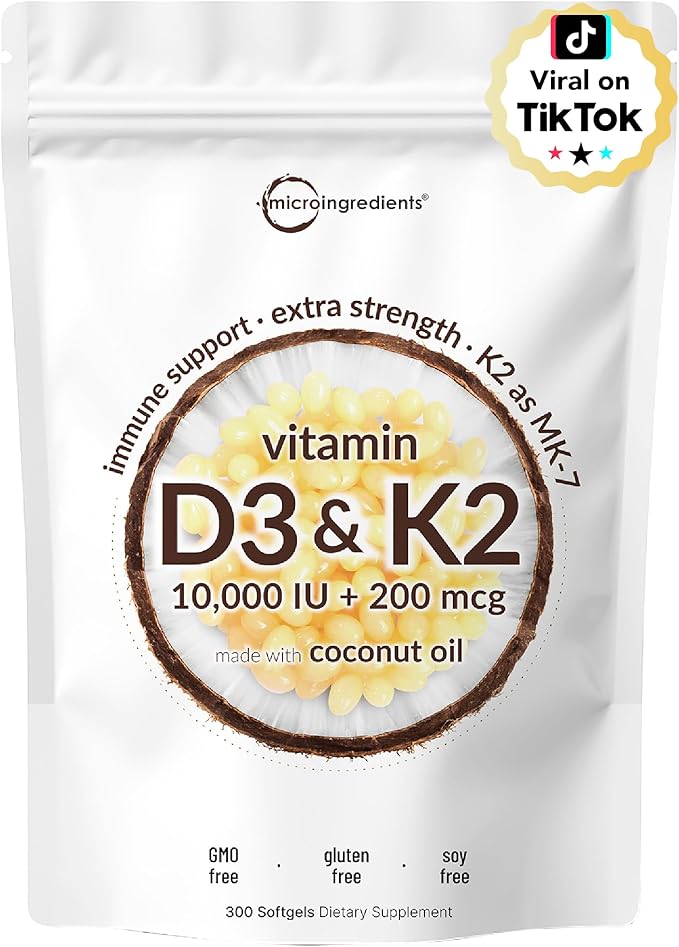 Micro Ingredients Vitamin D3 10000iu + K2 200mcg Coconut Oil Softgels &amp Lions Mane Supplement 240 Veggie Capsules Bundle 2 Pack | Essential Sunshine Vitamins | Superfood Mushroom Antioxidants wit