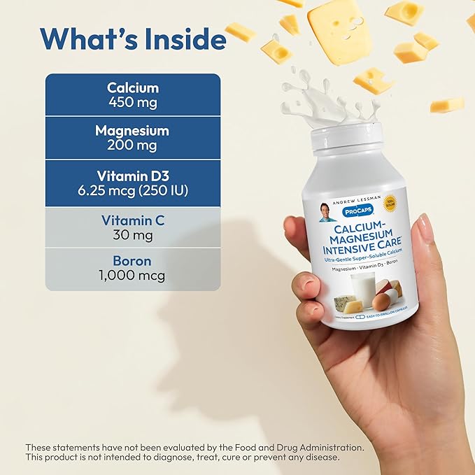 ANDREW LESSMAN Calcium Magnesium Intensive Care 180 Capsules - Bone and Skeleton Health Essentials. Easy to Swallow Capsules Super Soluble Fine Powder. Gentle to Even The Most Sensitive Stomachs