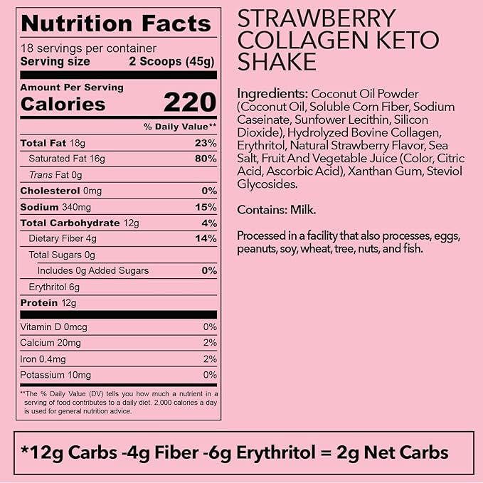 Keto Collagen Shake (Vanilla) - with Coconut Oil Prebiotics Grass Fed Hydrolyzed Collagen Peptides Type I &amp III Low Carb Gluten Free1.78lbs. (810g Strawberry)