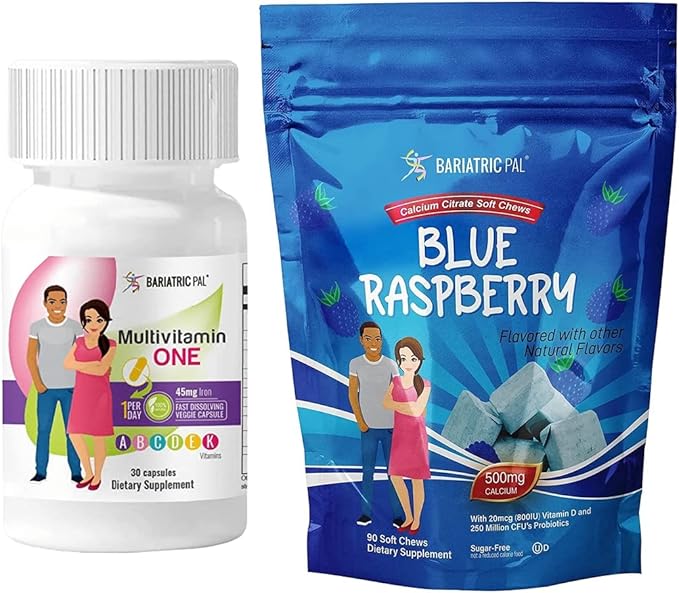 BariatricPal 30-Day Bariatric Vitamin Bundle (Multivitamin ONE 1 per Day! Capsule with 45mg Iron and Calcium Citrate Soft Chews 500mg with Probiotics - Blue Raspberry)